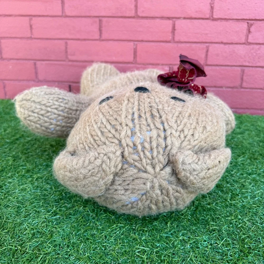 Vtg Hand Knitted Teddy Bear‎ Tan Yarn Red Scarf Bow Stuffed Animal Plush Toy 23